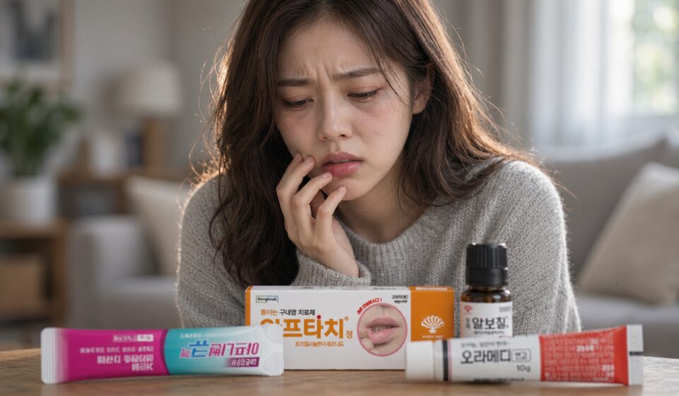 구내염약은 크게 네 계열로 나뉩니다. 염증 자체를 눌러 궤양의 진행을 멈추는 스테로이드 계열(오라메디연고·페리덱스연고·아프타치정), 손상된 조직을 화학적으로 태워 없애는 화학소작 계열(알보칠콘센트레이트액), 통증과 염증을 함께 가라앉히는 국소 소염진통 계열(아프니벤큐액·삼아탄툼액), 그리고 아픈 자리를 잠시 마비시키거나 덮어주는 국소마취·보호막 계열(오라페인큐겔·아프타치정)입니다