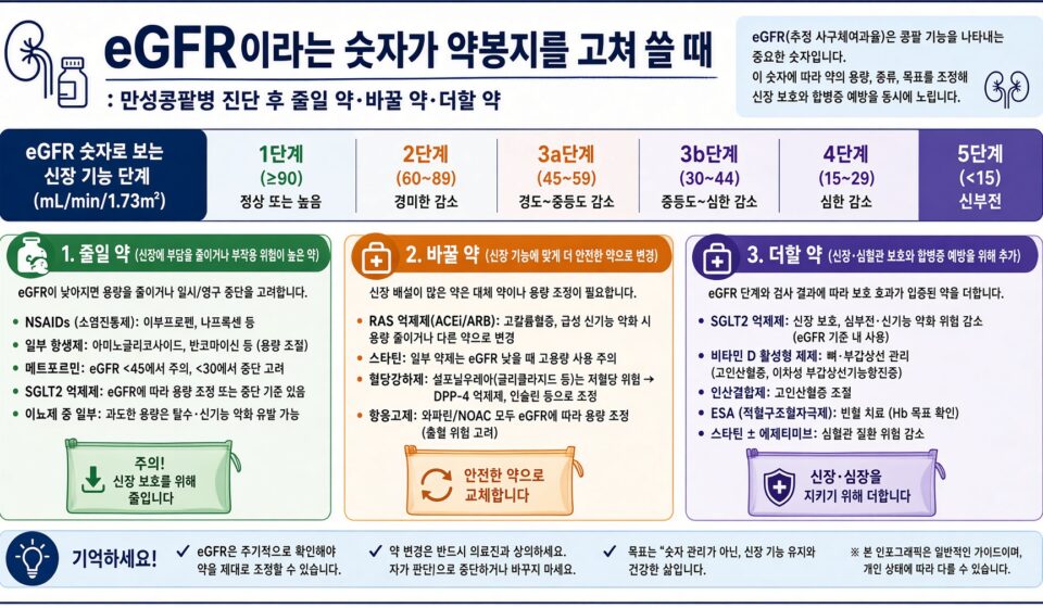 eGFR이라는 숫자가 약봉지를 고쳐 쓸 때: 만성콩팥병 진단 후 줄일 약·바꿀 약·더할 약