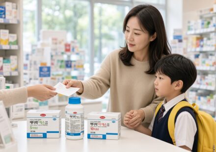 초등학생 아이의 손을 잡은 보호자 한 분이 처방전을 내