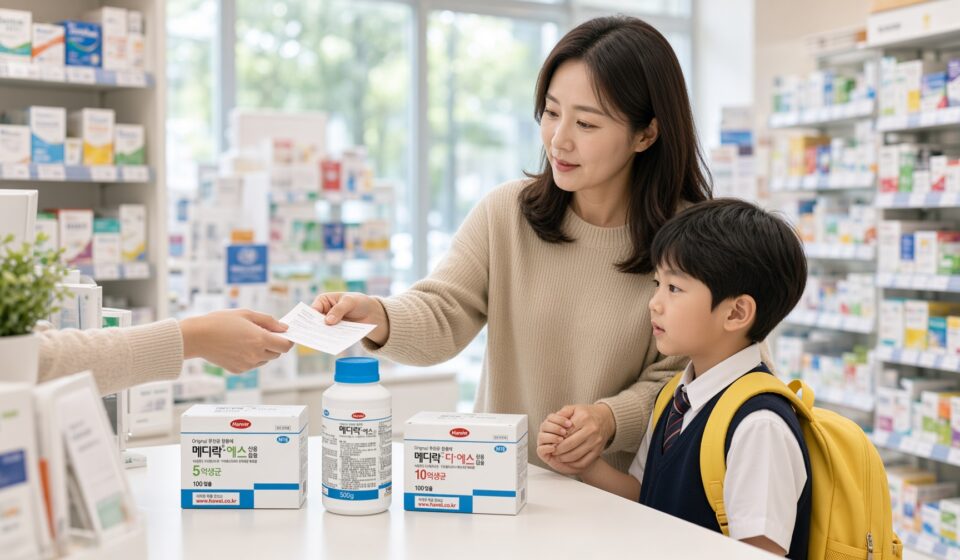 초등학생 아이의 손을 잡은 보호자 한 분이 처방전을 내