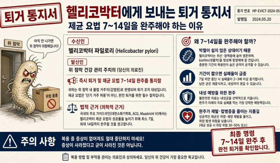 헬리코박터에게 보내는 퇴거 통지서: 제균 요법 7~14일을 완주해야 하는 이유