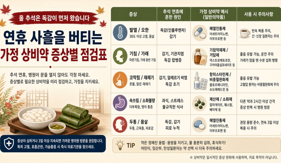 올 추석은 독감이 먼저 왔습니다: 연휴 사흘을 버티는 가정 상비약 증상별 점검표