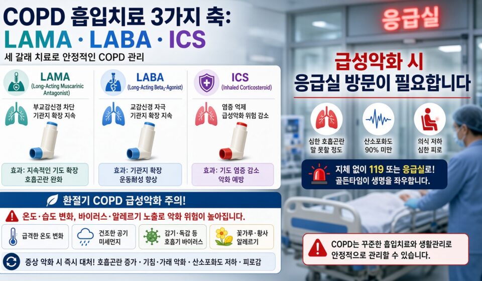 처방전에 적힌 그 이름: COPD 흡입기 LAMA·LABA·ICS 세 갈래와 환절기 급성악화
